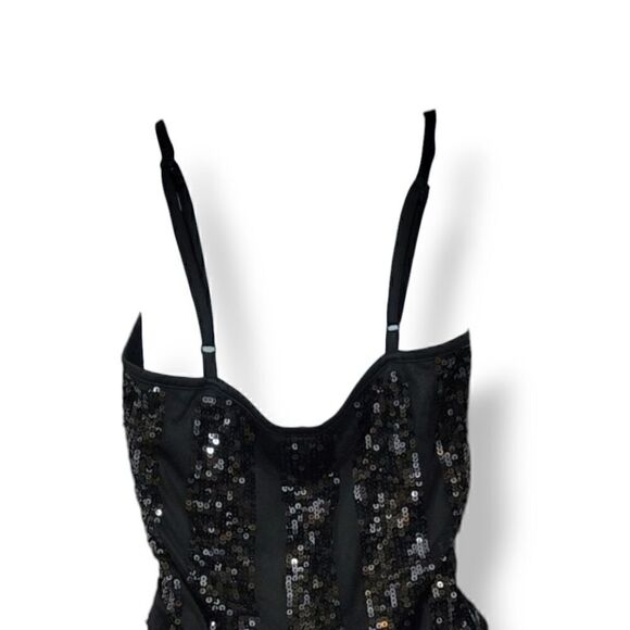 Express Sequined Embellished Striped Surplice Mini Dress in Black Size XS - Picture 4 of 13
